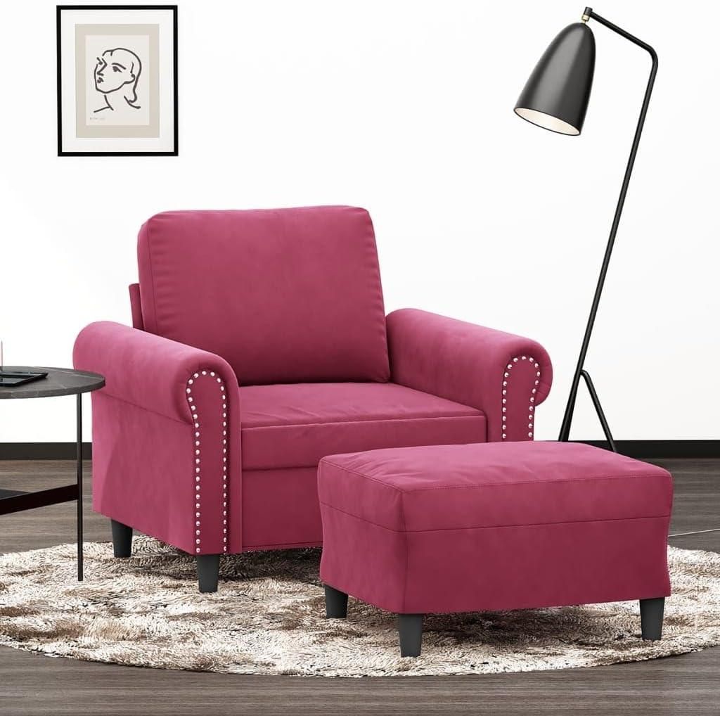 Weinroter Sessel mit Hocker, 60 cm, Samt, Möbel und Sofas, Produktbild 