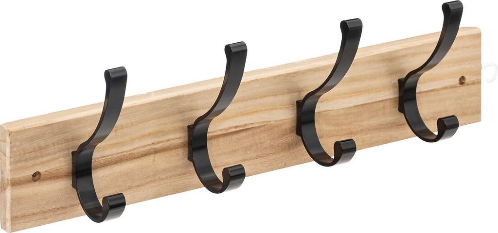 A wooden coat rack with four black metal hooks against a white background.