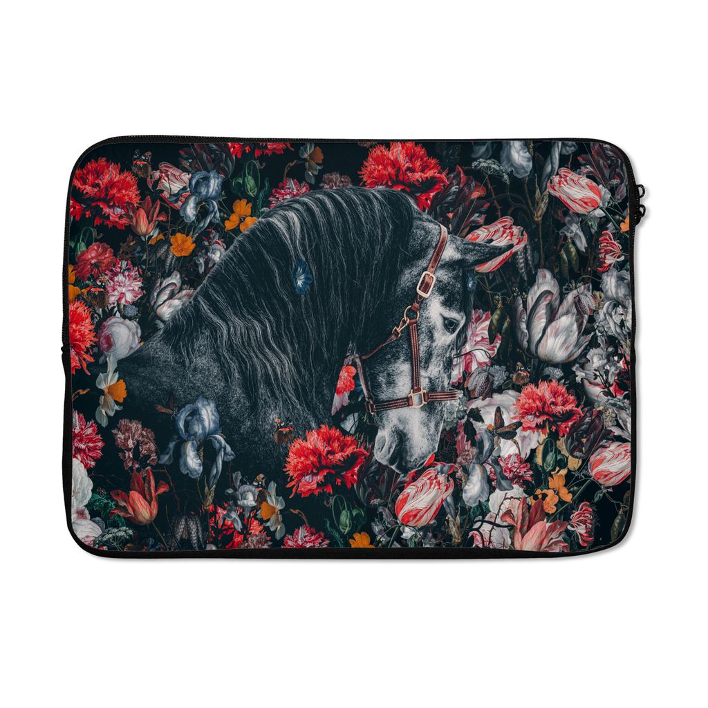MuchoWow Laptop Hülle 14 ZollPferd - Blumen - Schwarz Laptoptasche - Laptoptasche - Stoßsicher - Schutzhaube