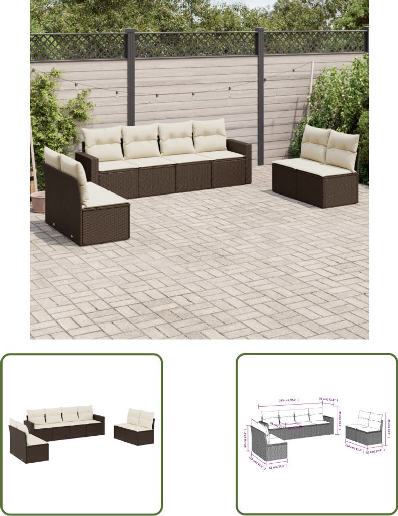 The Living Store 8-tlg. Garten-Sofagarnitur mit Kissen Braun Poly Rattan