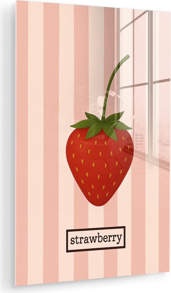 MuchoWow Glasbilder - Bilder auf Wandbild - Foto auf Glas Erdbeere - Streifen - Minimalistisch - Rot 60x90 cm Wanddekoration aus Glas - Acrylglasbi...