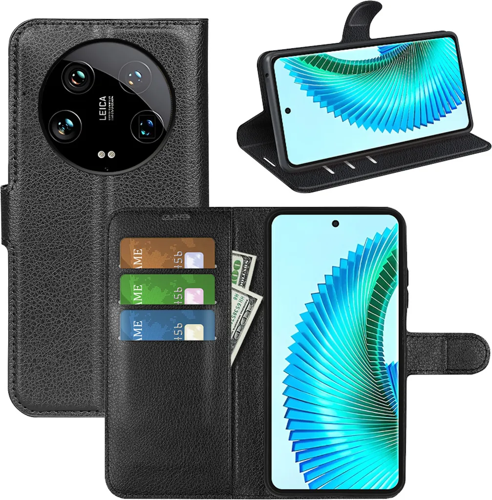 ESONG Custodia In Fibra Di Carbonio Per Xiaomi 14 – Sottile, Con Porta Carte, Chiusura Magnetica E Funzione Supporto, Antiurto E Antiscivolo, Nera