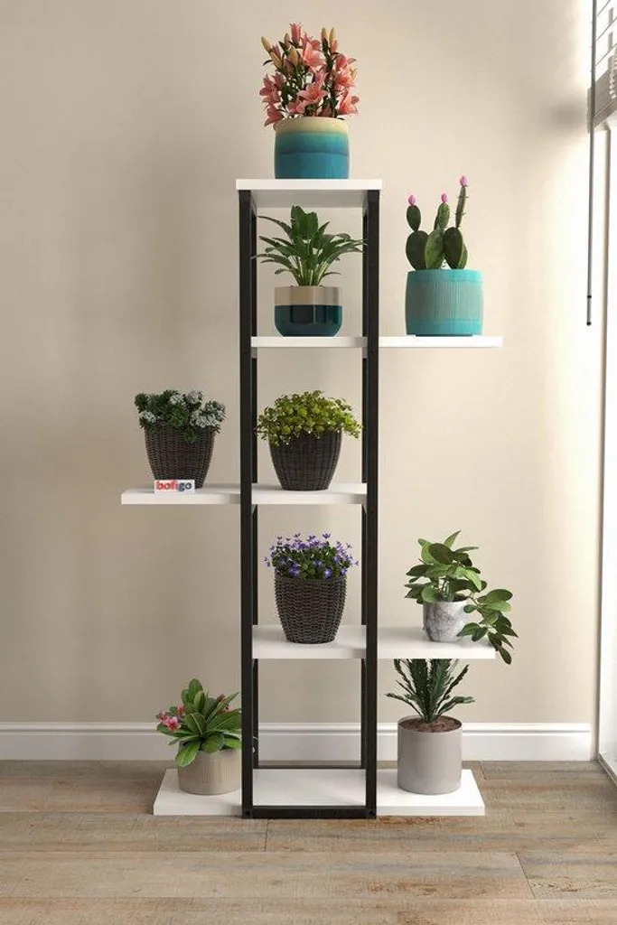 Étagère à fleurs 5 niveaux en métal et bois blanc, 62 x 21 x 117 cm