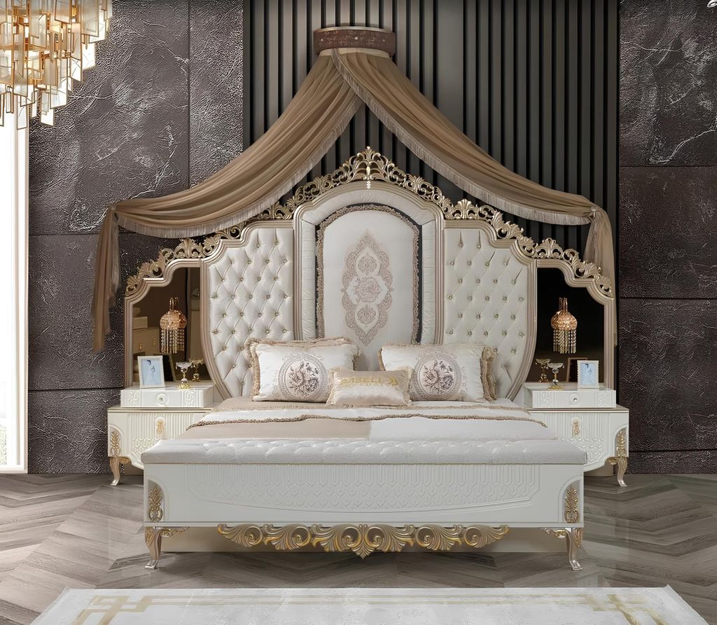 Schlafzimmer Set Bett mit Bank 2x Nachttische Design Luxus neu 3tlg