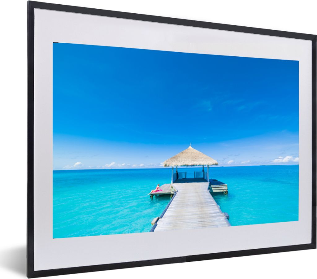 MuchoWow MuchoWow Gerahmtes Poster Meer - Pier - Hütte 60x40 cm - Poster mit zchwarzem Bilderrahmen - Schlafzimmer - Plakat in Rahmen - Drucken