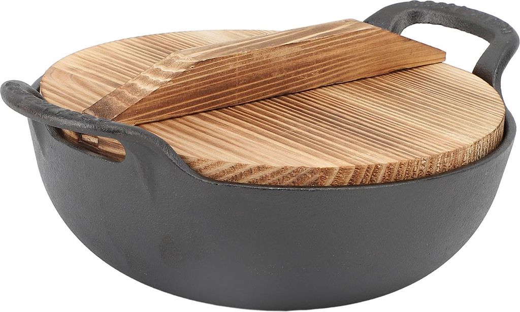 Wok en fonte avec 2 poignées Couvercle en bois Poêle à Image du produit 