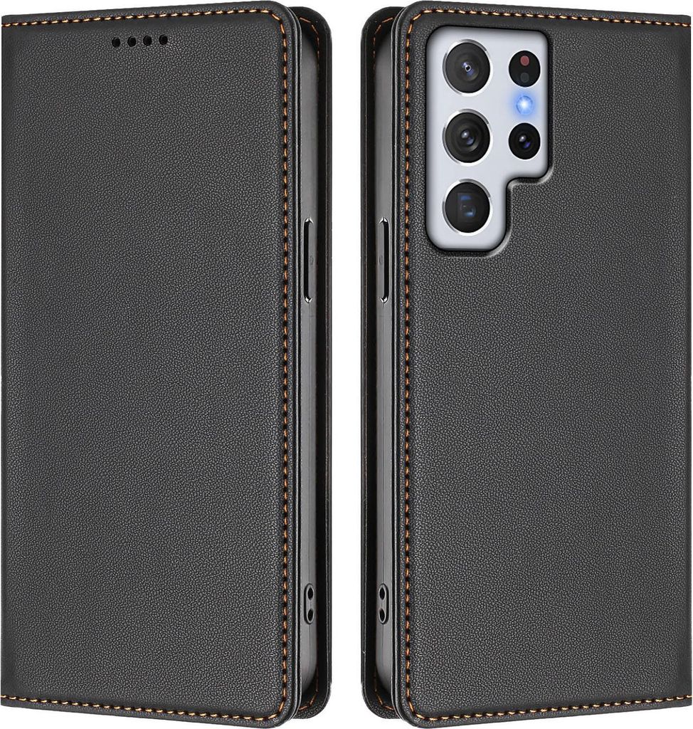 Handyhülle für Samsung Galaxy S22 Ultra 5G, Kunstleder Klapphülle Stoßfeste Magnetische Hülle mit Ständer Schwarz