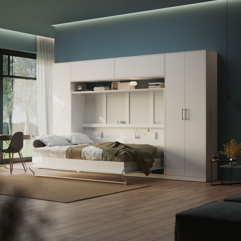 SMARTBett WOHNWAND Schlafzimmer Set Schrankbett 140x200cm H,Schränke, Hängeregal Weiss