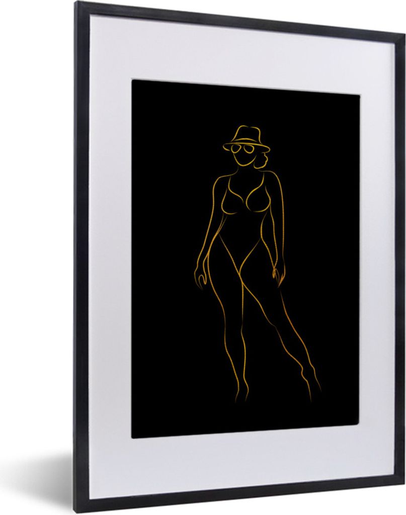 MuchoWow Gerahmtes Poster Sonnenbrille - Schwarz - Gold - Linienkunst 30x40 cm - Poster mit Schwarzem Bilderrahmen Wandposter Rahmen Foto Bilder ...