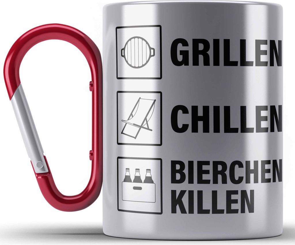 Trendation - Grill Edelstahl Tasse Karabiner Geschenk Männer Steak Liebhaber Grillen Geschenkidee Vater BBQ (Rot)