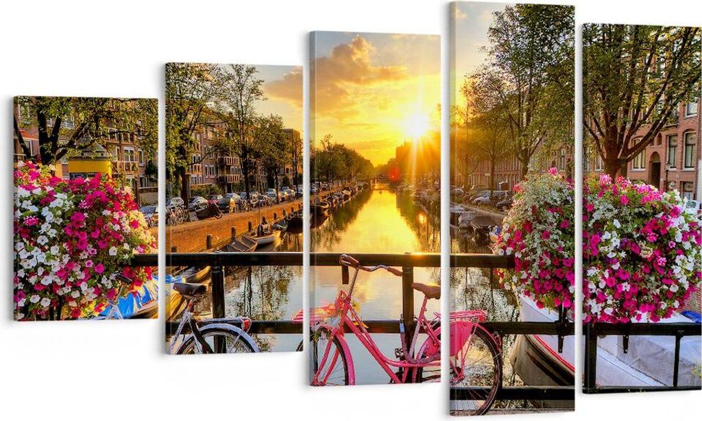 Bild auf Leinwand - Leinwandbild - Bikes Kanal Amsterdam Architektur - 100x60cm - Wand Bild - Wanddeko - Leinwanddruck - Bilder - Kunstdruck - Lein...