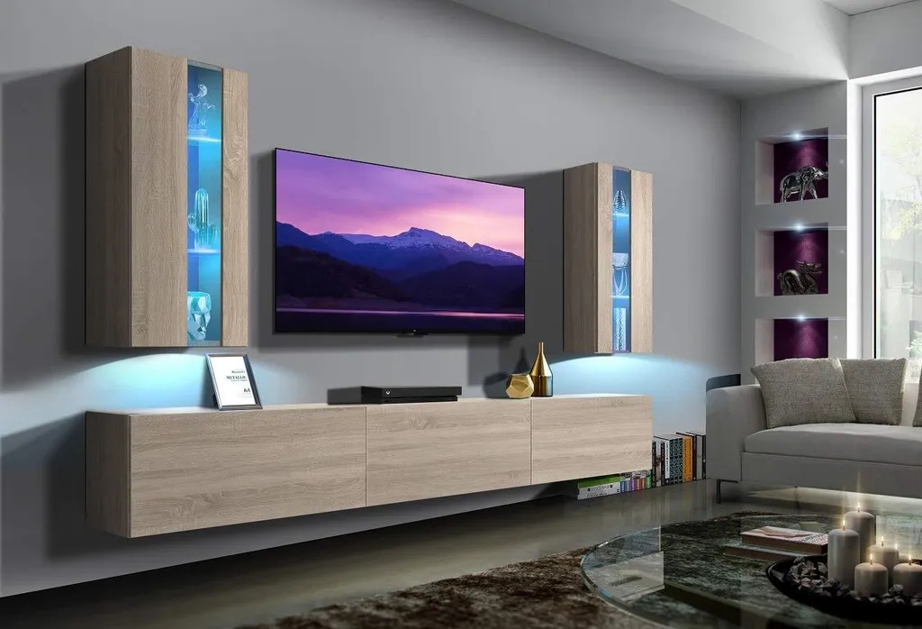 Aménagement Salon : Meuble-paroi Suspendu avec Étagères de Rangement TV