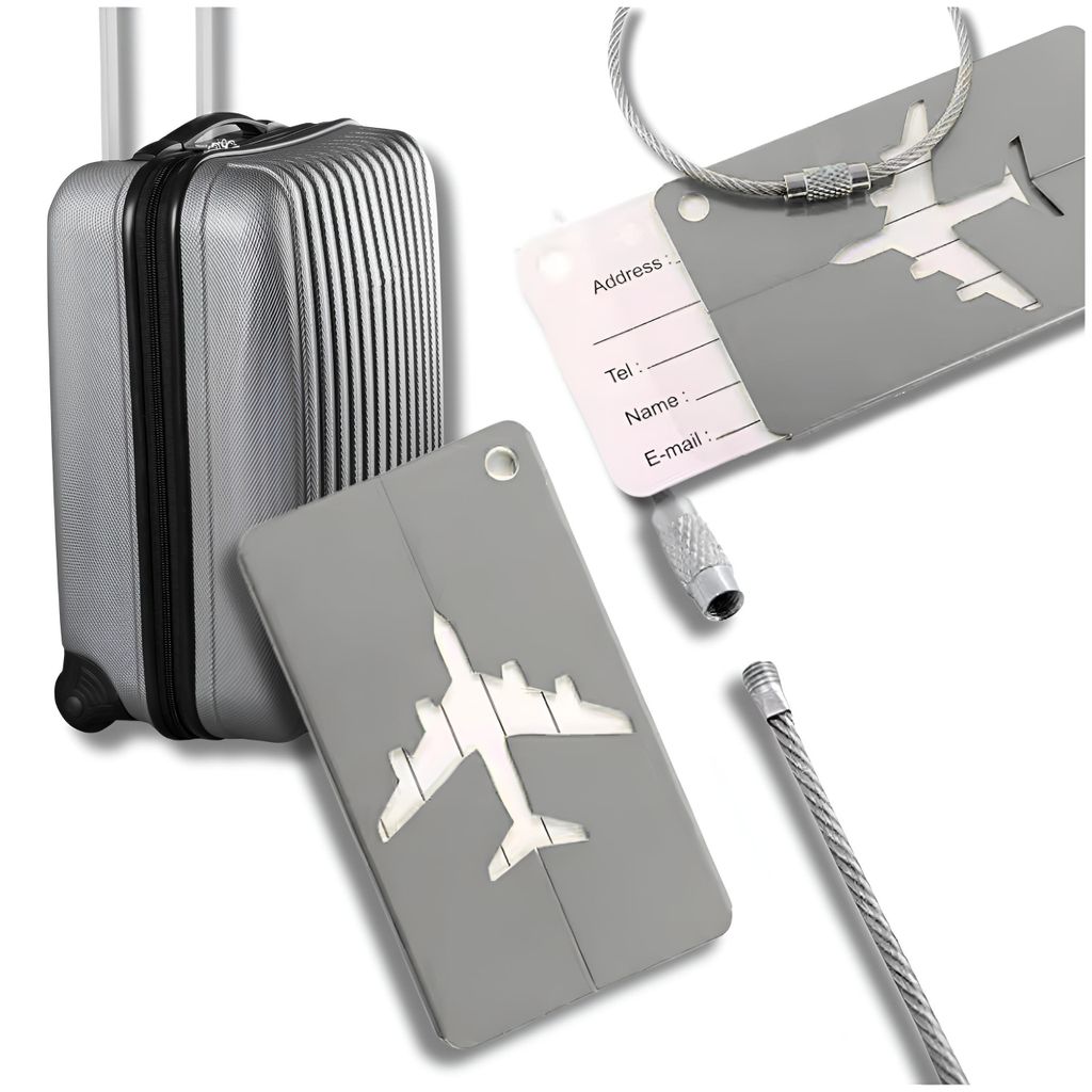 Adressanhänger für Koffer – wasserdicht, aus Aluminium, 75×45 mm, mit Edelstahldraht, silber – ideal für Flugreisen und leichtes Wiederfinden