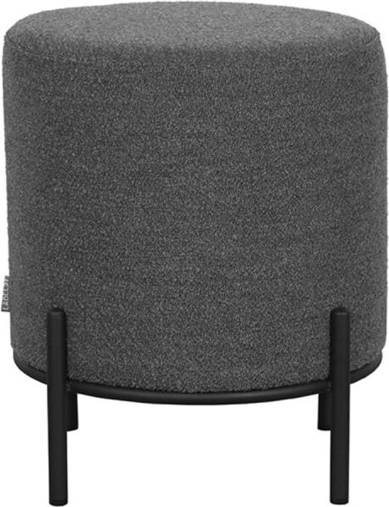A gray pouf with black legs on a white background.