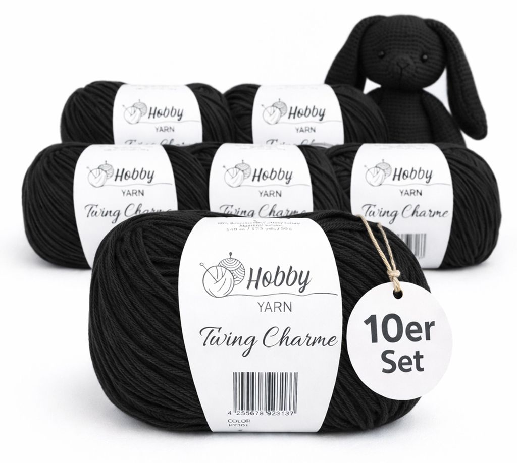 Hobby YARN - Twiny Charme 10er Set - Baumwolle 50g je Garn, Baumwolle, weiches Mischgarn, zum Häkeln & Stricken 319 - Charcoal Night
