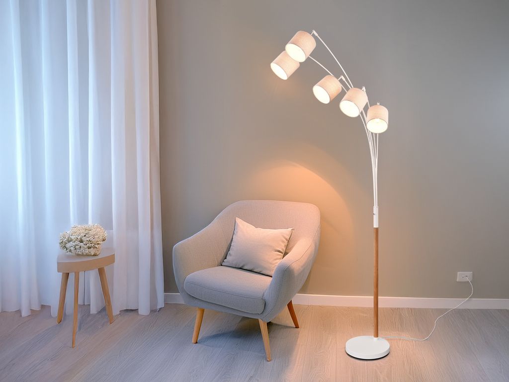 Große skandinavische Wohnzimmer Bogenlampe LUVA 5-flammig Stoffschirme Leinen