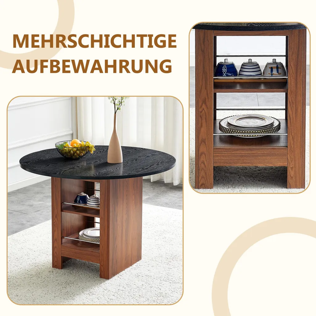 Table ronde aspect noyer Ø 100 cm avec étagère, structure métal noir - 6