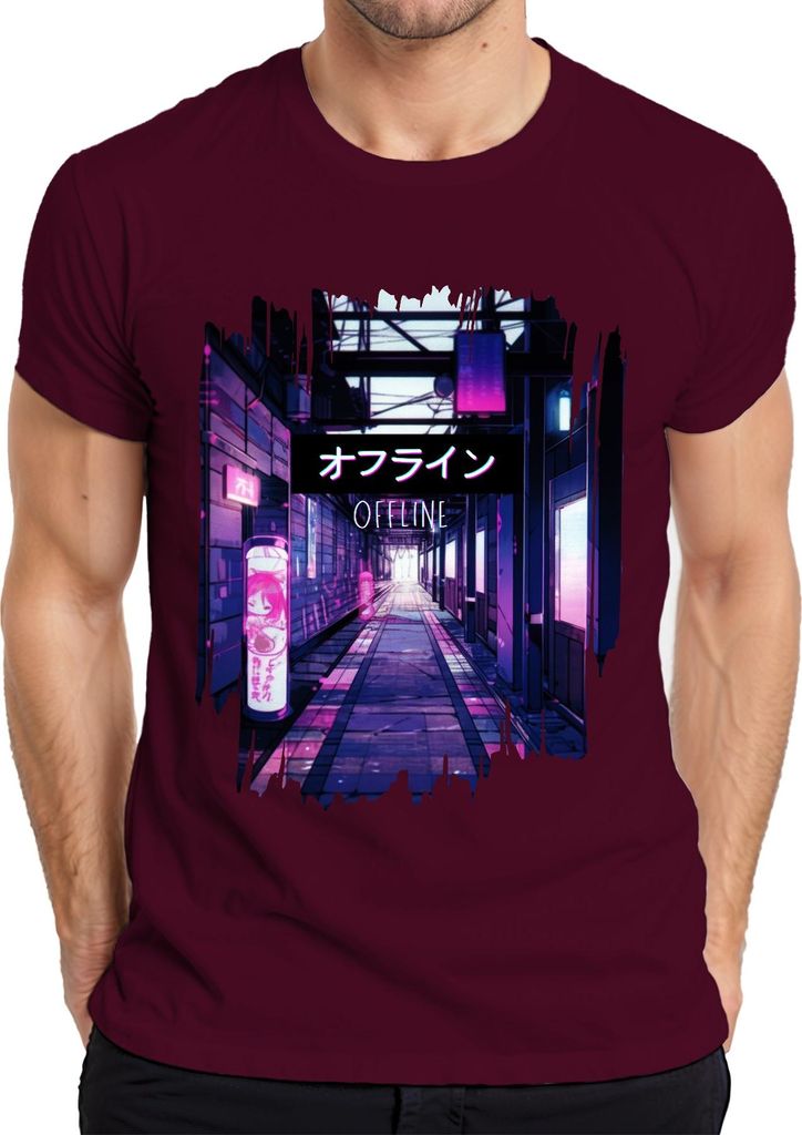 オフライン OFFLINE Cyberpunk Neon Anime Vaporwave Ästhetik Japan Retro Herren T-Shirt, Burgundy, XXL