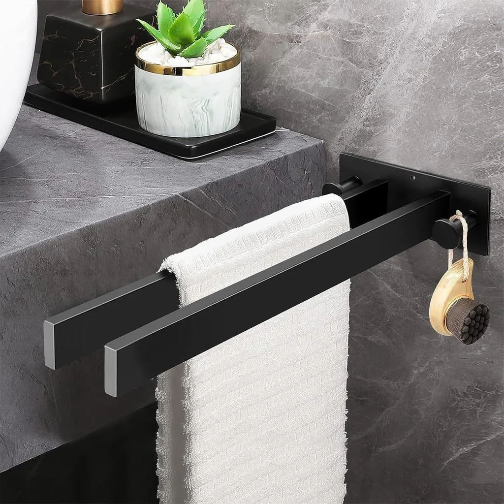 Porte-serviettes double inox noir 40 cm fixation sans perçage possible