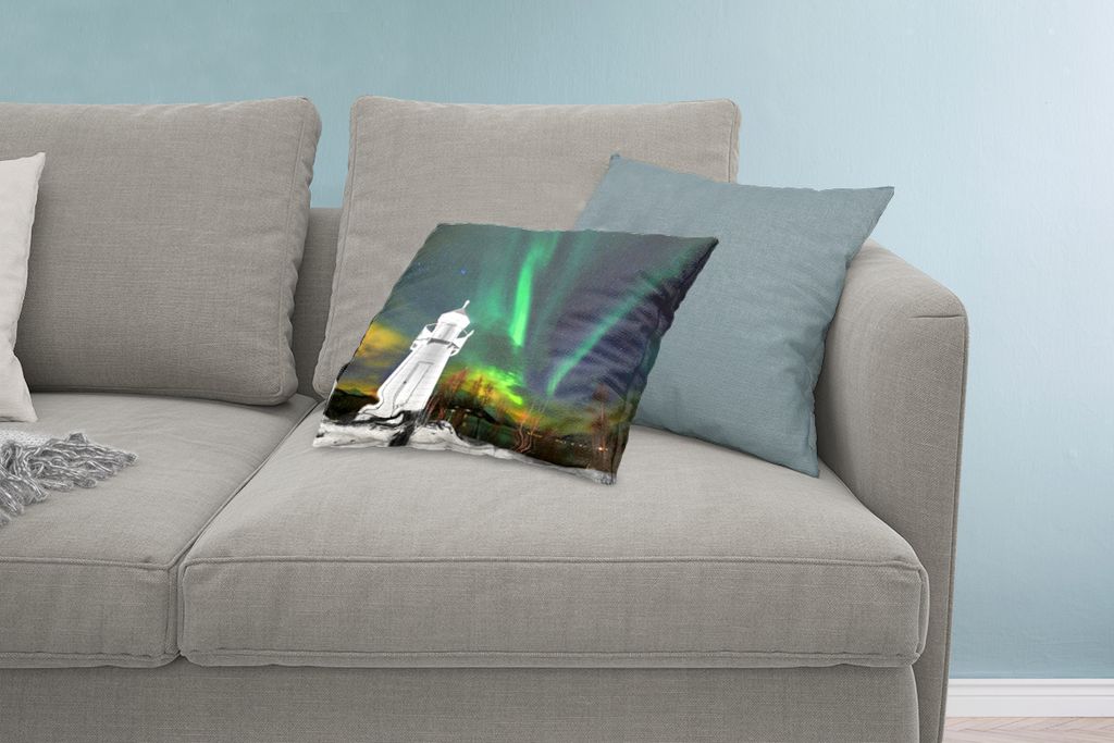 MuchoWow Zierkissen Sofakissen Wohnzimmer Dekokissen 60x40 cm Nordlichter - Leuchtturm - Norwegen - Kopfkissen - Polster mit Foto