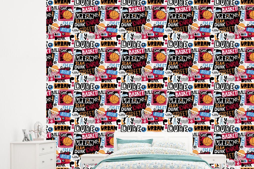 MuchoWow Fototapete für Wohnzimmer oder Schlafzimmer Wandtapete Vinyl Motivtapete Basketball - Zitate - Muster - Alphabet - 265x240 cm - Zimmer ...