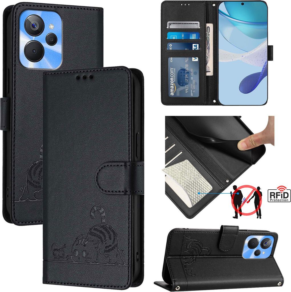 Leder Hülle für Realme 10T/Realme 10S 5G Süße Katze Flip Case Brieftasche Schutzhülle mit Standfunktion Schwarz