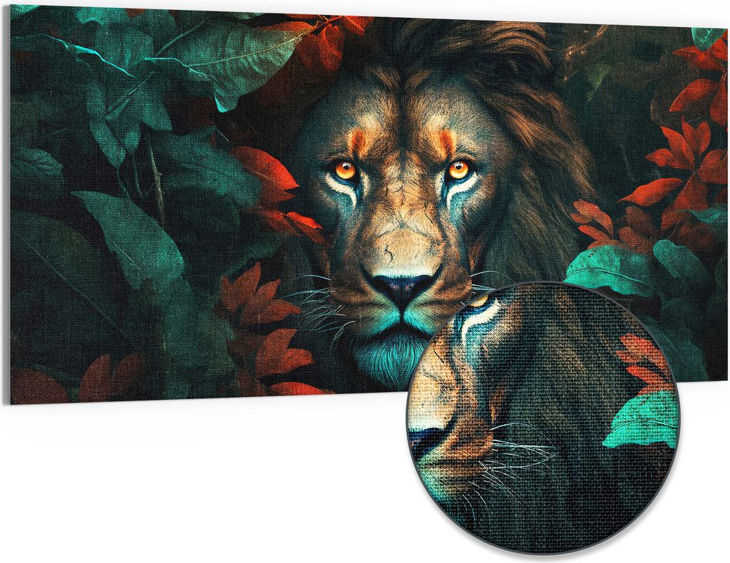 DEQORI Hybrid Leinwand Bild 100x50 cm 'Herbstliches Löwenporträt' Wandbild Glas flach modern