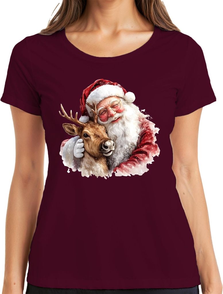 Weihnachtsmann mit Rentier Umarmung Weihnachten Aquarell Vintage Damen T-Shirt, Burgundy, M