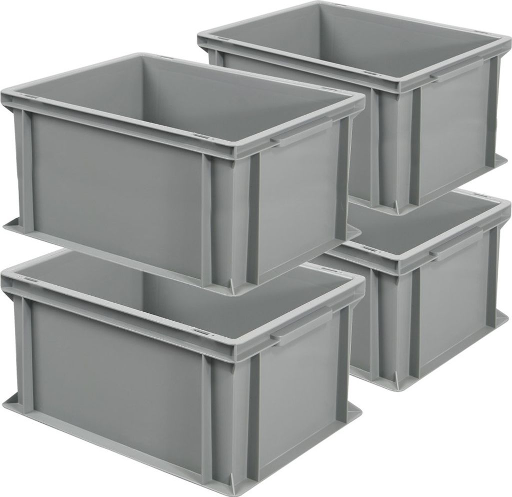 4x Eurobehälter mit 2 Griffleisten, LxBxH 400x300x220 mm, 21 Liter, grau