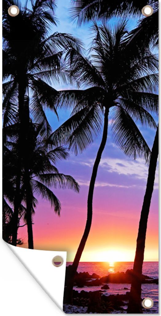 MuchoWow 40x80 cm Outdoor-Poster Gartendeko Sichtschutz Garten Poster für den Garten Der farbenprächtige Sonnenuntergang hinter einer Reihe vo...