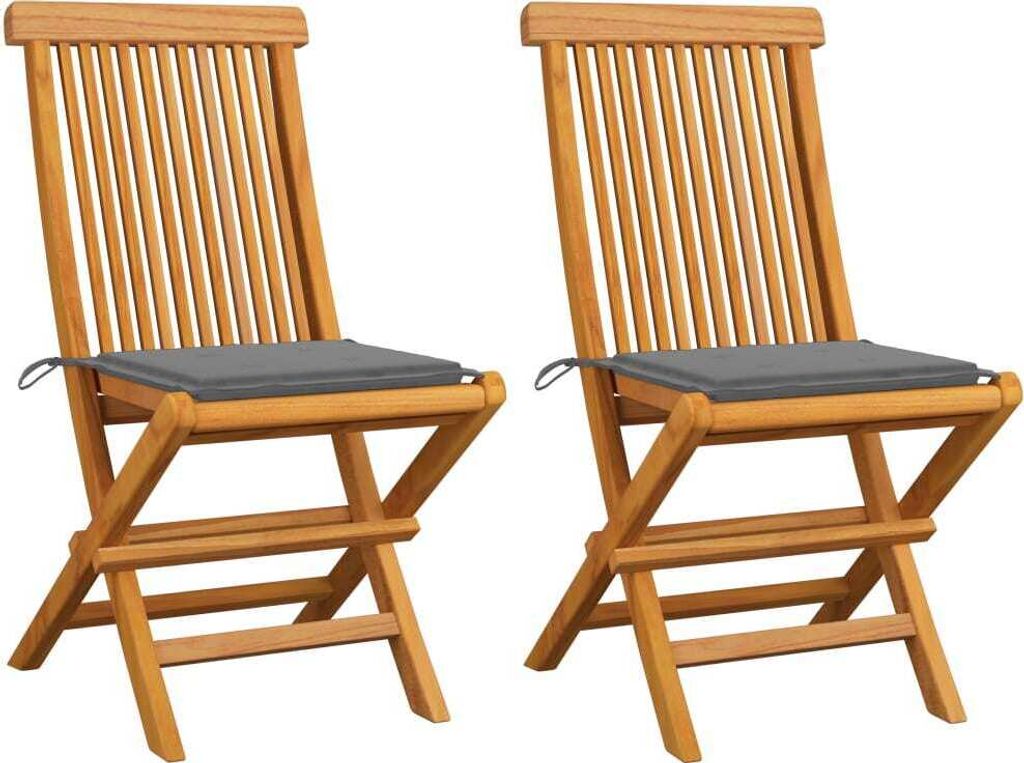 Gartenstühle mit Grauen Kissen 2 Stk. Massivholz Teak