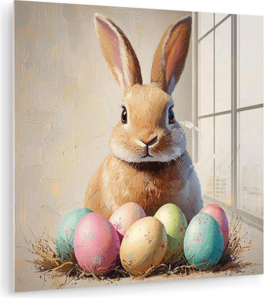 MuchoWow Glasbilder - Bilder auf Wandbild - Foto auf Glas Osterhase - Pastell - Eier 90x90 cm Wanddekoration aus Glas - Acrylglasbild - Acrylbilder...