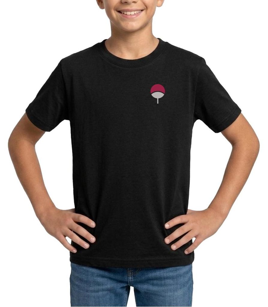 Spreadshirt Naruto Brustlogo Des Uchiha-Clan Teenager T-Shirt, 134/146 (9-11 Jahre), Schwarz