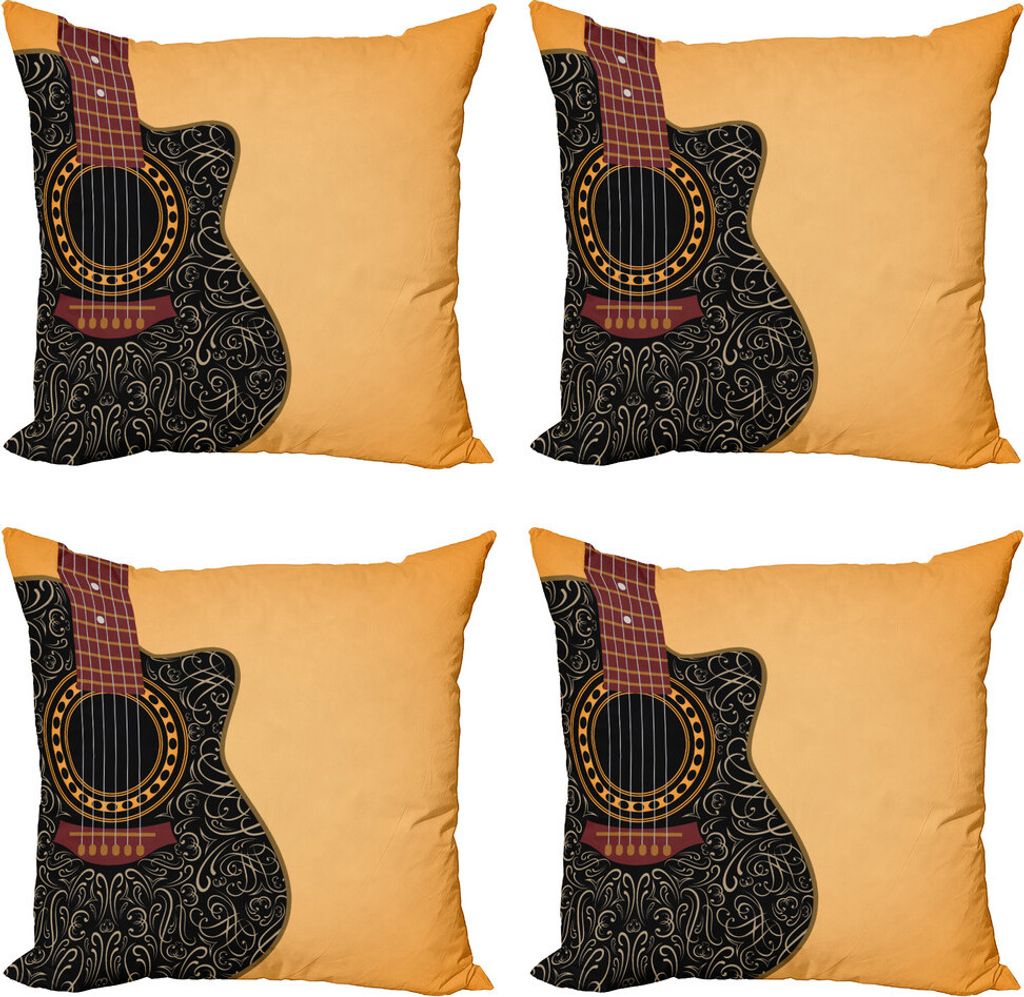 ABAKUHAUS Gitarre Kissenbezug Set (4 Stück), Floral Folk Ornament, Moderner Doppelseitiger Digitaldruck, 45 cm x 45 cm, Pale Orange Schwarz Maroon