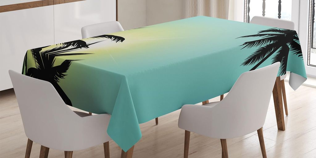 ABAKUHAUS Modern Tischdecke, Hawaiische Miami Beach Island Palm Trees mit Sonne mögen klares Himmel-Kunst-Druck-Bild, 140 x 170 cm, Seafoam Schwarz