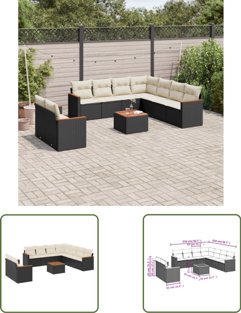 The Living Store 10-tlg. Garten-Sofagarnitur mit Kissen Schwarz Poly Rattan