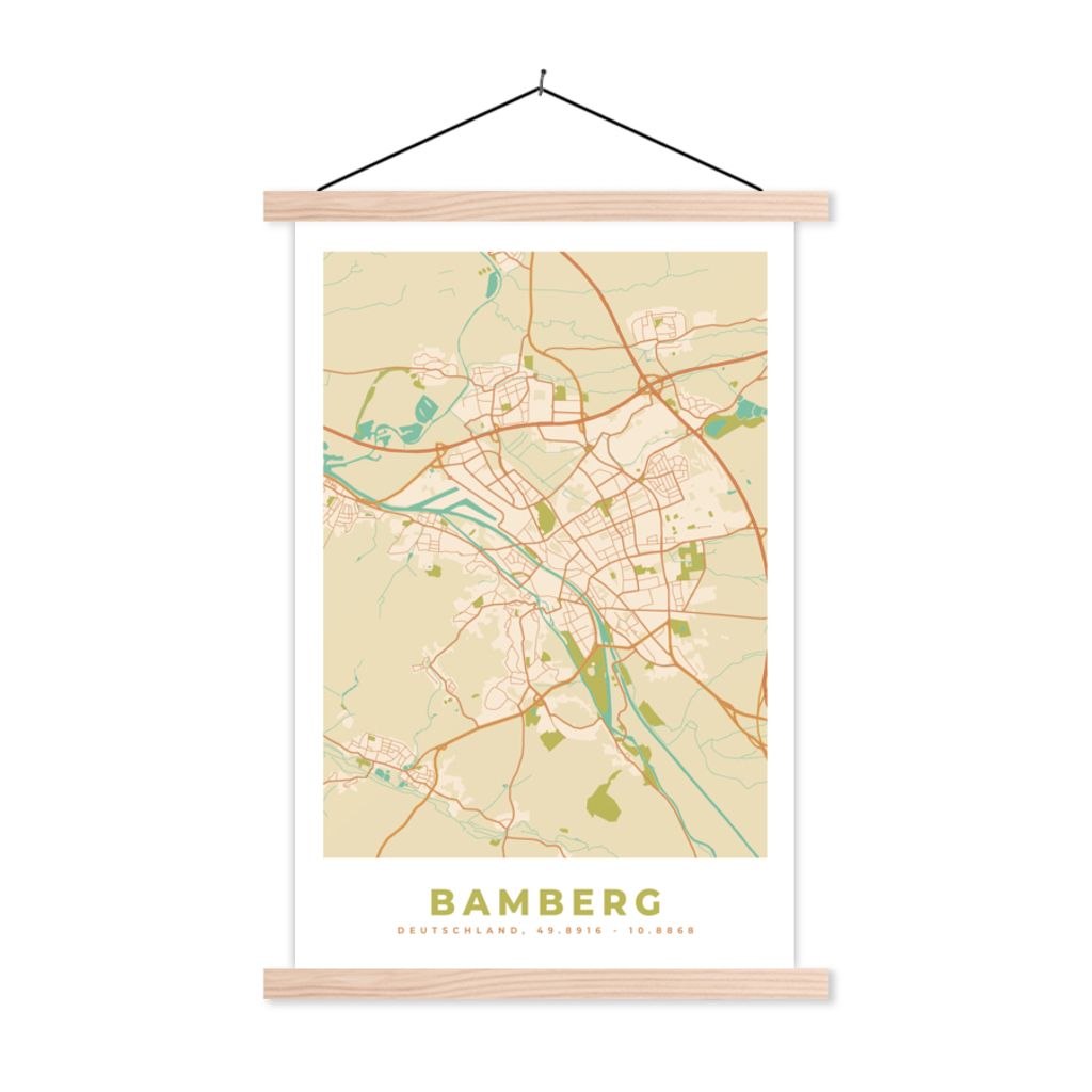 MuchoWow Textilposter Bamberg - Karte - Stadtplan - Vintage 120x180 cm mit holzfarbenen Rahmen - Textil-Plakat