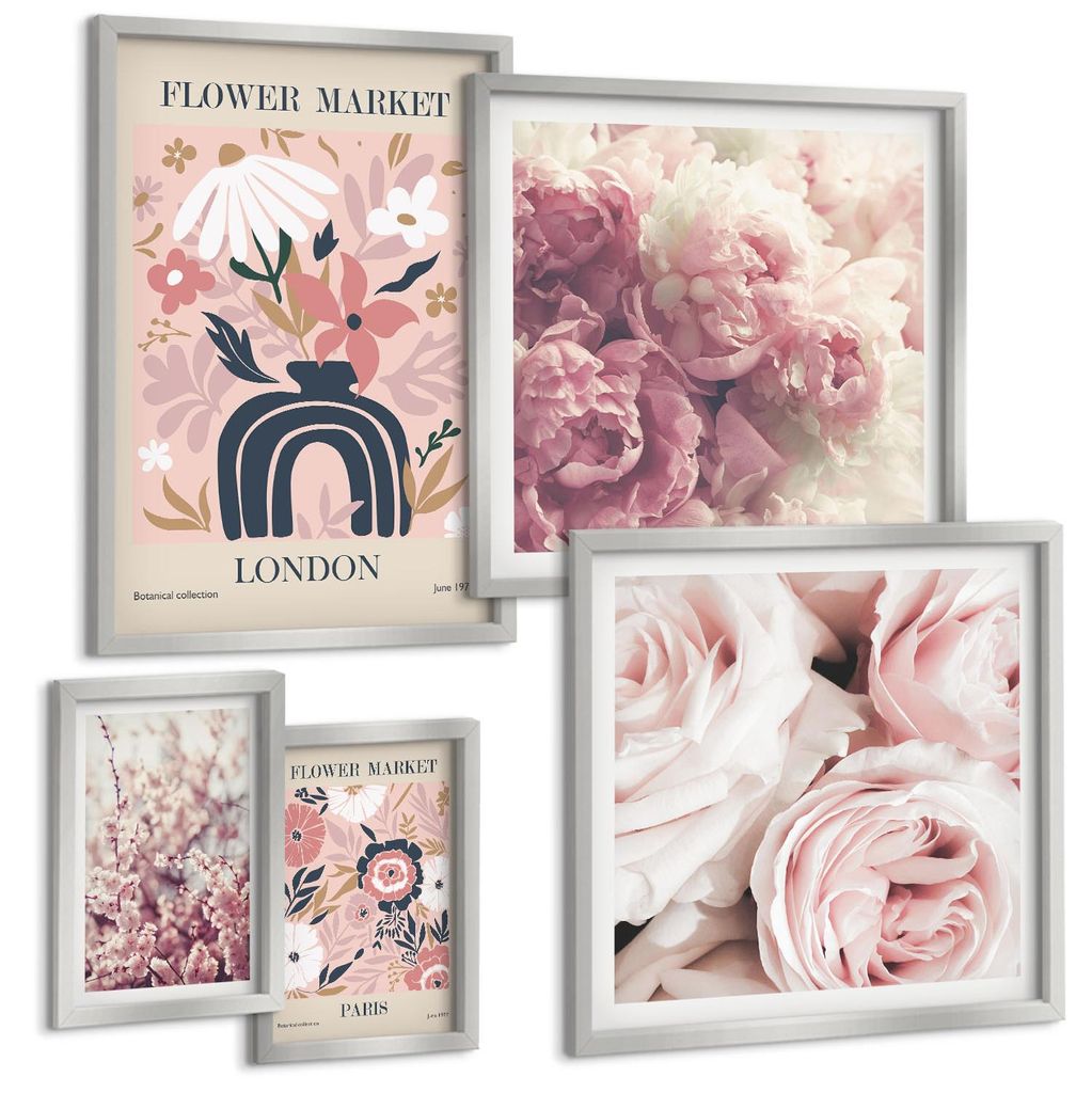 Bilder Set 5-teilig im silbergerahmten Rahmen – Wandbilder 5 Stück – gerahmte Poster für Wohnzimmer, Schlafzimmer und Flur – 50x50 cm - 40x...