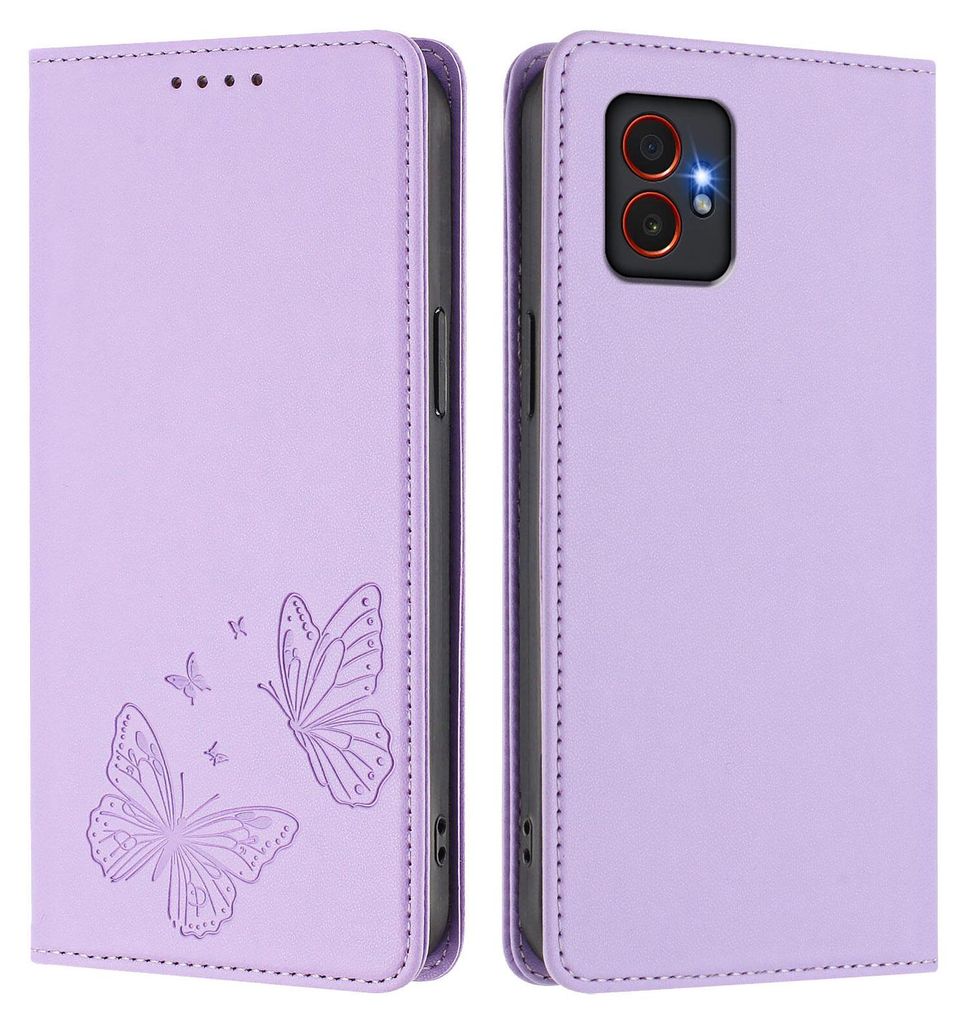 Lederhülle für Samsung Galaxy Xcover7 Pro, Schmetterling Prägung Leder Brieftasche Schutzhülle mit Ständer Violett