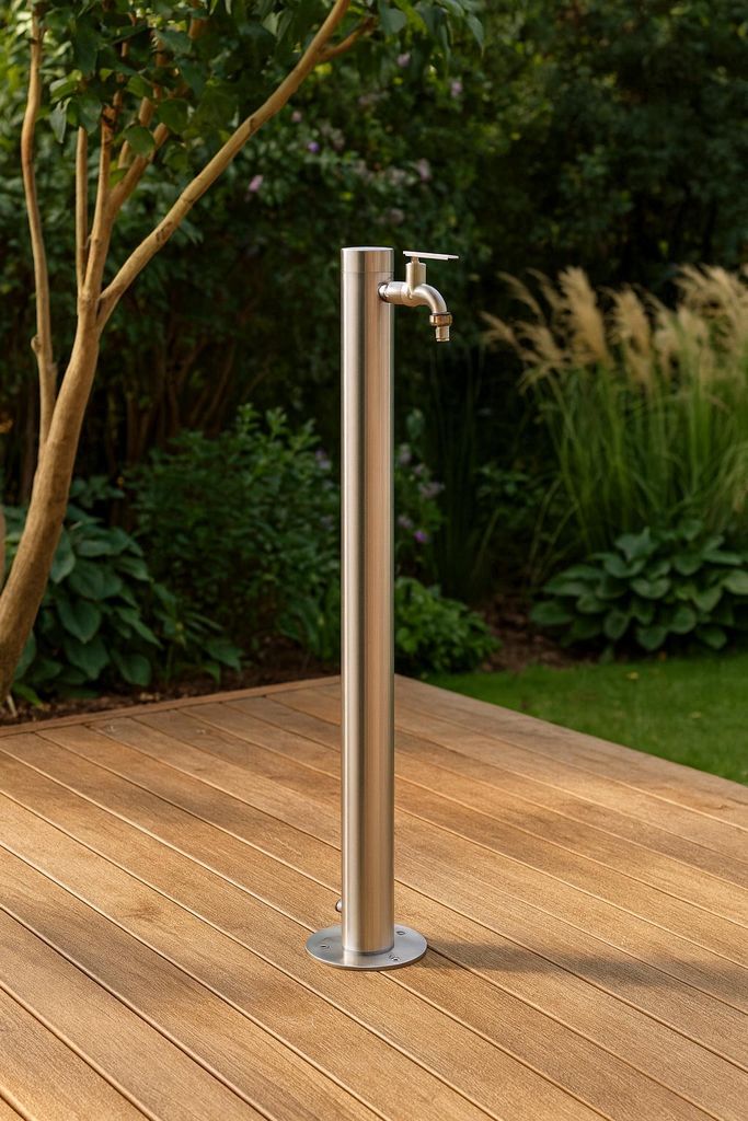 Wasserzapfsäule Garten rund Edelstahl 93 cm Wasserhahn Säule Ø 63 mm Wassersäule Garten & Terrasse, 2 Auslässe