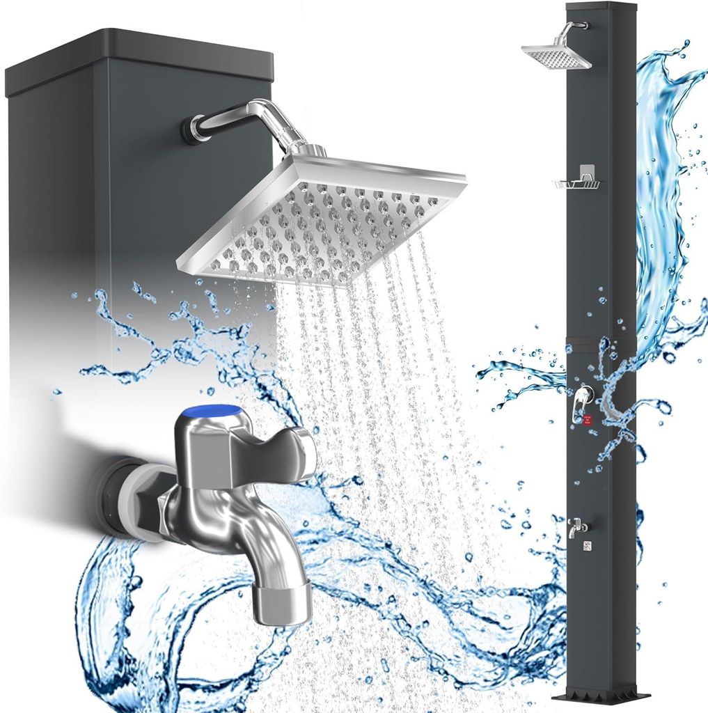 YUENFONG Solardusche 40L, Gartendusche mit Regenduschkopf bis 60°C, Pooldusche Campingdusche Ohne Stromanschluss, Mit Wasserhahn und Gartenschlauc...