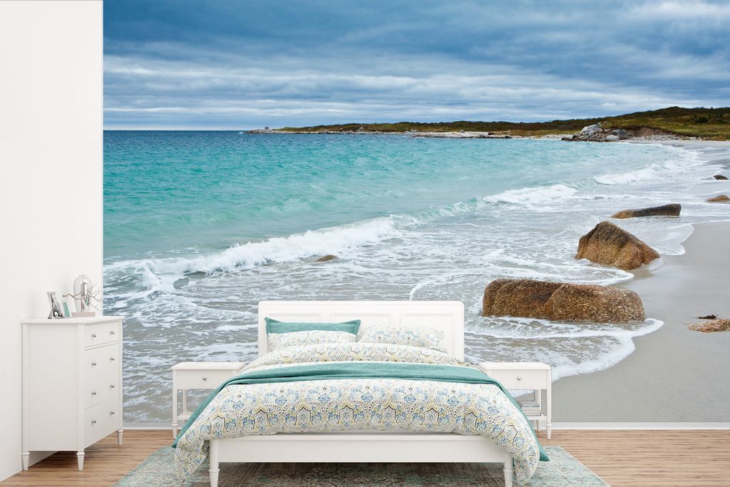 MuchoWow Fototapete für Wohnzimmer oder Schlafzimmer Wandtapete Vinyl Motivtapete Weißer Strand in Nova Scotia - 450x300 cm - Gemusterte