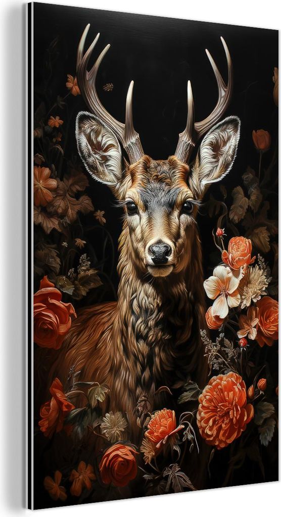 MuchoWow Wanddekoration Metall Metallbild Wandkunst 80x120 cm Hirsch - Tier - Blumen - Natur - Botanisch MuchoWow Aluminium Gemälde - Bilder
