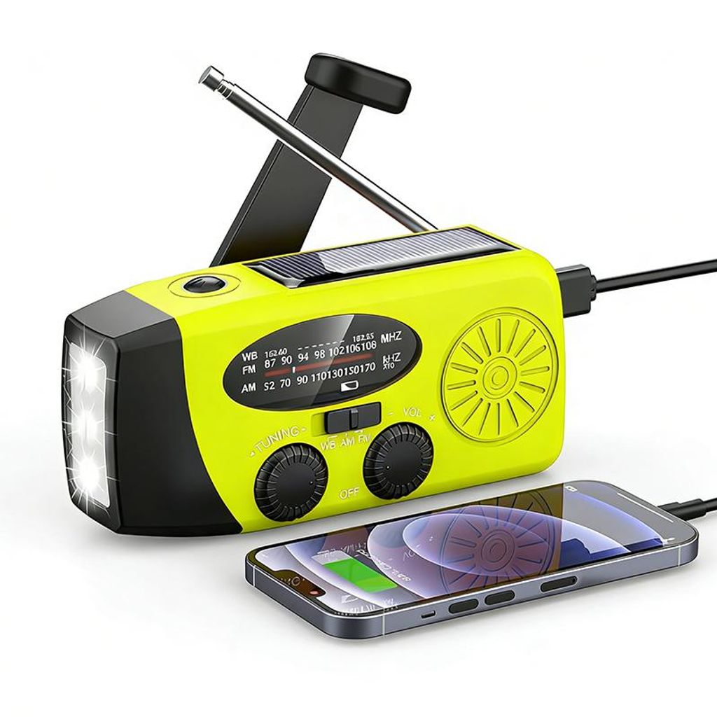 Solar radio, Solar Kurbelradio mit LED-Taschenlampe, Notfallradio AM/FM Wetter, 2000mAh Akku, Handkurbel-Dynamo, Powerbank für Smartphone, Gelb