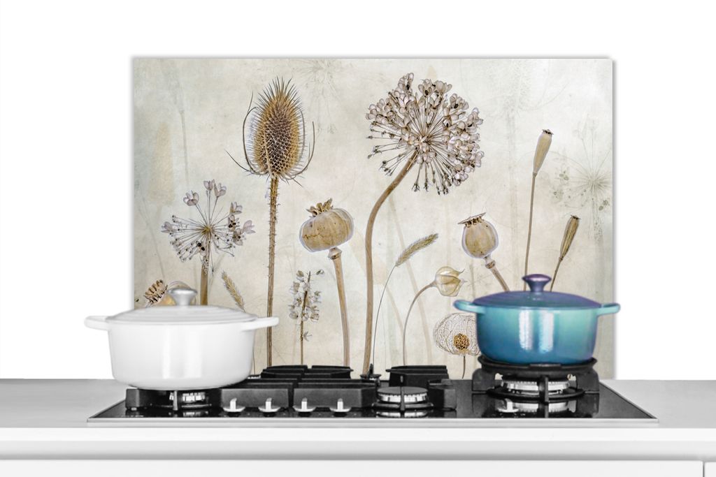 KitchenYeah Spritzschutz Küche - Küchenrückwand - Wandschutz für Herd und Spüle - Blumen - Aquarell - Stilleben - Braun - Vintage 80x55 - A...
