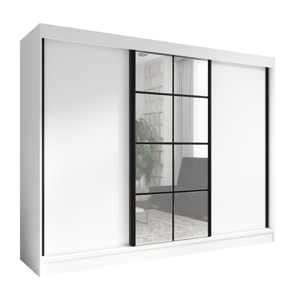 Oravelle 200 cm Weiß 3-türiger Kleiderschrank mit Spiegel, 4 Schubladen und Kleiderstangen – Funktionalität und Eleganz!