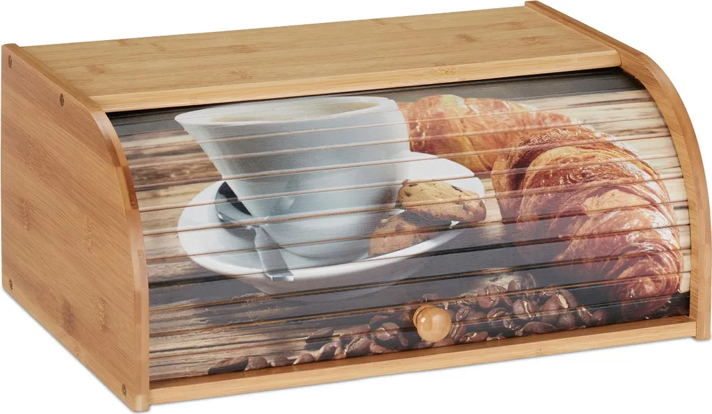 Cestino per il pane in bambù Relaxdays, coperchio a rullo con motivo, conservazione del pane a prova di aroma, con ripiano, HBT 17x40x27cm, naturale