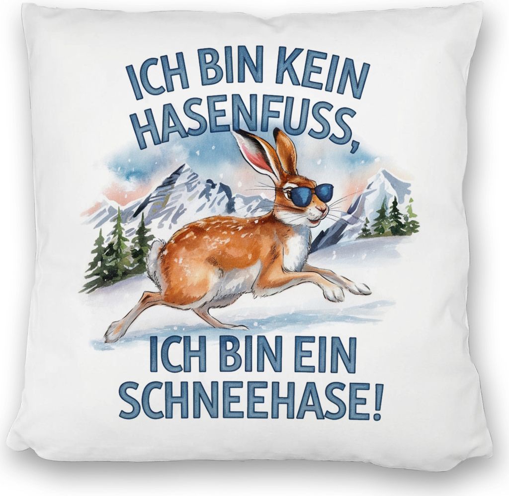 Alpenschneehase mit Sonnenbrille Kissen satiniert Kein Hasenfuss, Schneehase