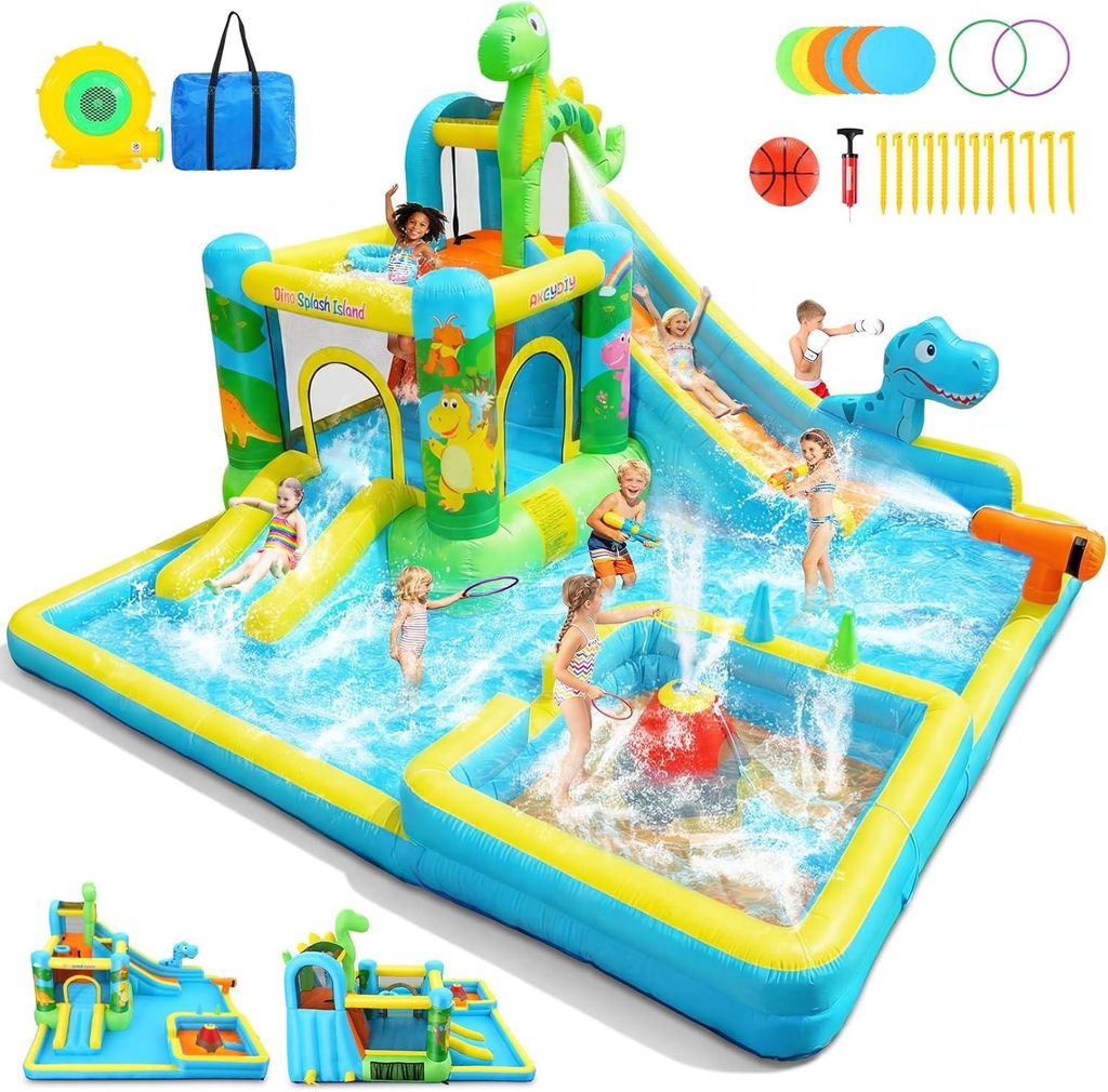 Dinosaurier-Wasserspielplatz: 13-in-1 Hüpfburg mit XXL Pool & Rutsche | Wasserkanone + Ringwurf | 550W Gebläse für Kinder 3-12 Jahre Garten/Nach...