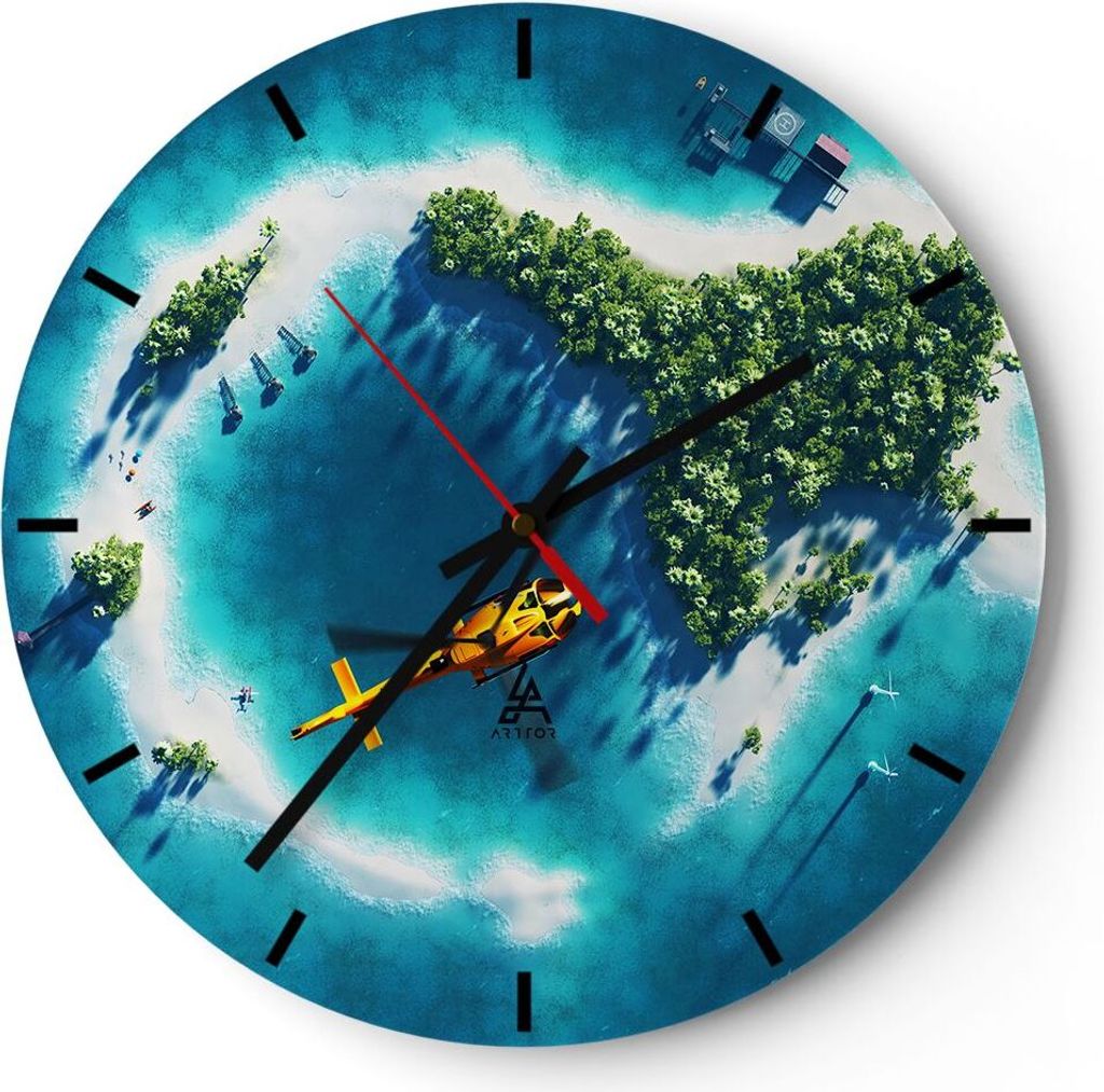 Wanduhr - Rund - Glasuhr - Hubschrauber Ozean Insel Paradies - 30x30cm - Schleichendes Uhrwerk - Lautlos - zum Aufhängen bereit - Dekoration Moder...